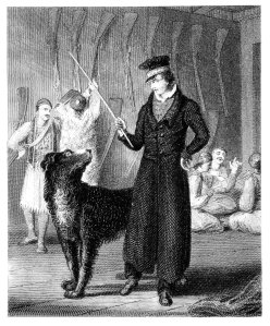 Byron with his dog, Lyon, and Greek bodyguards